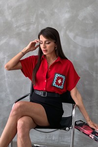 Topshow Kırmızı  Çiçek Cepli Toptan Gömlek #1