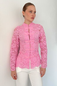 F 2115 DANTEL UZUN KOL GÖMLEK - PEMBE #1