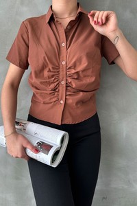 Topshow Kahve Gipeli Önü Büzgülü Toptan Bluz