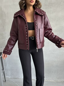 Topshow Bordo F Deri Peluş Droplu Toptan Mont #4