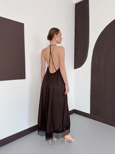 D 3022 DANTEL DETAYLI SATEN ELBİSE - KAHVE #2