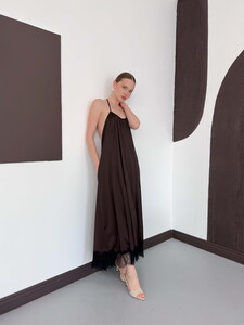 D 3022 DANTEL DETAYLI SATEN ELBİSE - KAHVE #5