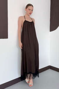 D 3022 DANTEL DETAYLI SATEN ELBİSE - KAHVE
