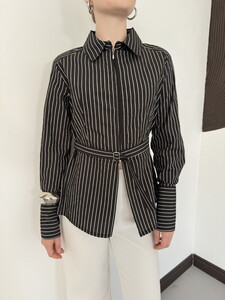 F 2119 ÇİZGİLİ PEPLUM ÖNDEN YIRTMAÇLI FERMUARLI GÖMLEK - SİYAH #4