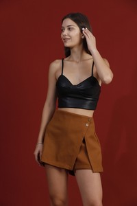 Topshow Kahve Taş Detaylı Mini Toptan Etek