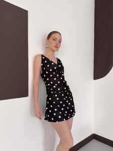 D 3024 PUANTİYE BASKILI ELBİSE - SİYAH KREM #3