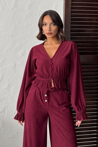 F 1998 FİTİLİ KADİFE BLUZ - BORDO