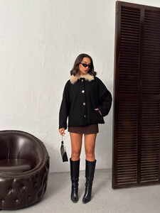 Topshow Peluş Yakalı Dügmeli Kaşe Mont - Siyah | F2048 #3