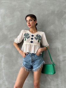 Topshow Taş Saks Nakışlı Toptan Bluz #2