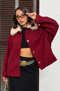 Topshow Peluş Yakalı Dügmeli Kaşe Mont - Bordo | F2048 #1