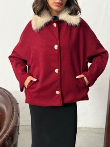 Topshow Peluş Yakalı Dügmeli Kaşe Mont - Bordo | F2048 #4
