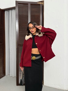 Topshow Peluş Yakalı Dügmeli Kaşe Mont - Bordo | F2048 #3