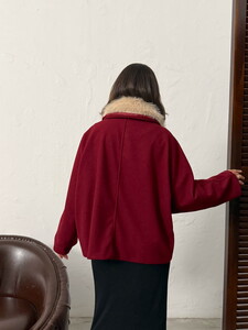 Topshow Peluş Yakalı Dügmeli Kaşe Mont - Bordo | F2048 #5