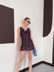 D 3024 PUANTİYE BASKILI ELBİSE - KAHVE TURKUAZ #3