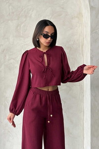 F 1804 SİM ÇİZGİLİ ÖNDEN BAĞLAMALI BLUZ - BORDO