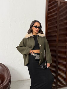 Topshow Peluş Yakalı Dügmeli Kaşe Mont - Haki | F2048 #2