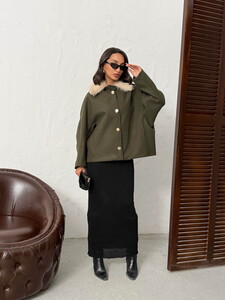 Topshow Peluş Yakalı Dügmeli Kaşe Mont - Haki | F2048 #3