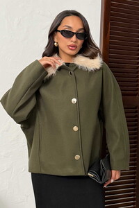 Topshow Peluş Yakalı Dügmeli Kaşe Mont - Haki | F2048