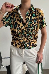 Topshow Zümrüt Leopar Büzgülü Toptan Gömlek #1