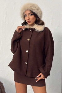 Topshow Peluş Yakalı Dügmeli Kaşe Mont - Kahve | F2048