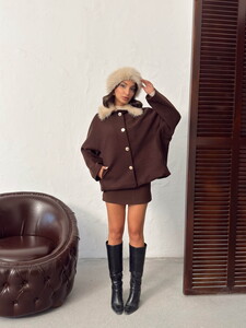 Topshow Peluş Yakalı Dügmeli Kaşe Mont - Kahve | F2048 #2