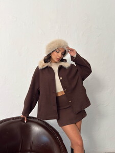 Topshow Peluş Yakalı Dügmeli Kaşe Mont - Kahve | F2048 #3