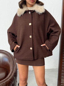 Topshow Peluş Yakalı Dügmeli Kaşe Mont - Kahve | F2048 #4