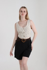 Topshow Siyah Kemerli Keten Toptan Şort #1