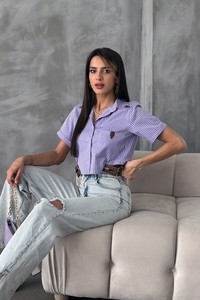 Topshow Lila Çizgili Kemer Detaylı Çizgili Toptan Gömlek