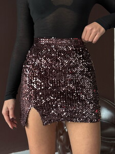 Topshow Pullu Kadife Payet Mini Etek - Kahve | F2054 #4