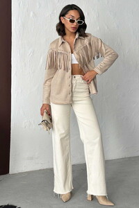 Topshow Püsküllü Droplı Scuba Süet Toptan Gömlek - Taş | F2029 #1