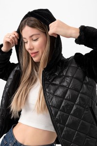 Topshow Siyah Kolları Kapşonnu Toptan Polar Çıtçıtlı Toptan Mont #1