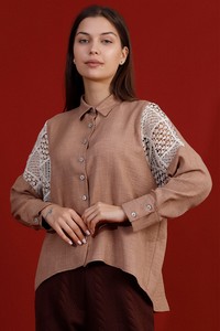 Topshow Kahve Dantel Detaylı Keten Toptan Gömlek #1