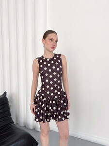 D 2946 PUANTİYELİ SIFIR KOL ELBİSE - KAHVE #4