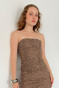 D 3123 PUL PAYET STRAPLEZ BLUZ - KAHVE