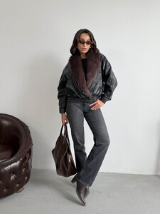 Topshow Yakası Kürklü Kruvaze Deri Mont - Siyah | F2050 #2