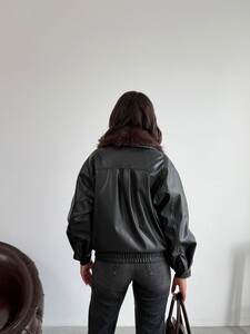 Topshow Yakası Kürklü Kruvaze Deri Mont - Siyah | F2050 #5