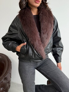 Topshow Yakası Kürklü Kruvaze Deri Mont - Siyah | F2050 #4