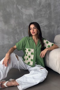 Topshow Zümrüt Zümrüt Dantel Detaylı Toptan Gömlek