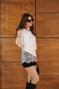 Topshow - Dantel Detaylı Asimetrik Tişört - Krem | D2953 #2