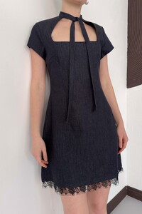 D 3041 DANTEL DETAYLI KOT ELBİSE - LACİVERT #4