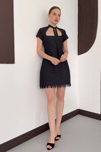 D 3041 DANTEL DETAYLI KOT ELBİSE - LACİVERT #1