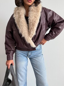 Topshow Yakası Kürklü Kruvaze Deri Mont - Bordo | F2050 #4