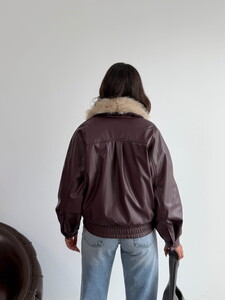 Topshow Yakası Kürklü Kruvaze Deri Mont - Bordo | F2050 #5