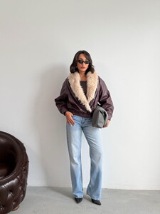 Topshow Yakası Kürklü Kruvaze Deri Mont - Bordo | F2050 #2