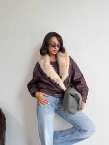 Topshow Yakası Kürklü Kruvaze Deri Mont - Bordo | F2050 #3