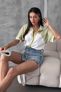 Topshow Fıstık Yeşili Çizgi Detaylı Düşük Kol Toptan Gömlek