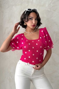 Topshow Fuşya Gipe Detaylı Desenli Şifon Toptan Bluz