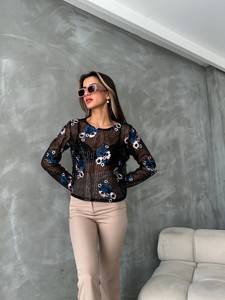 Topshow Siyah Mavi Nakışlı Toptan Bluz #4