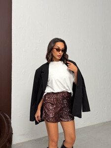 Topshow Taş  Pullu Toptan Abiye Şort - Koyu Kahve #2